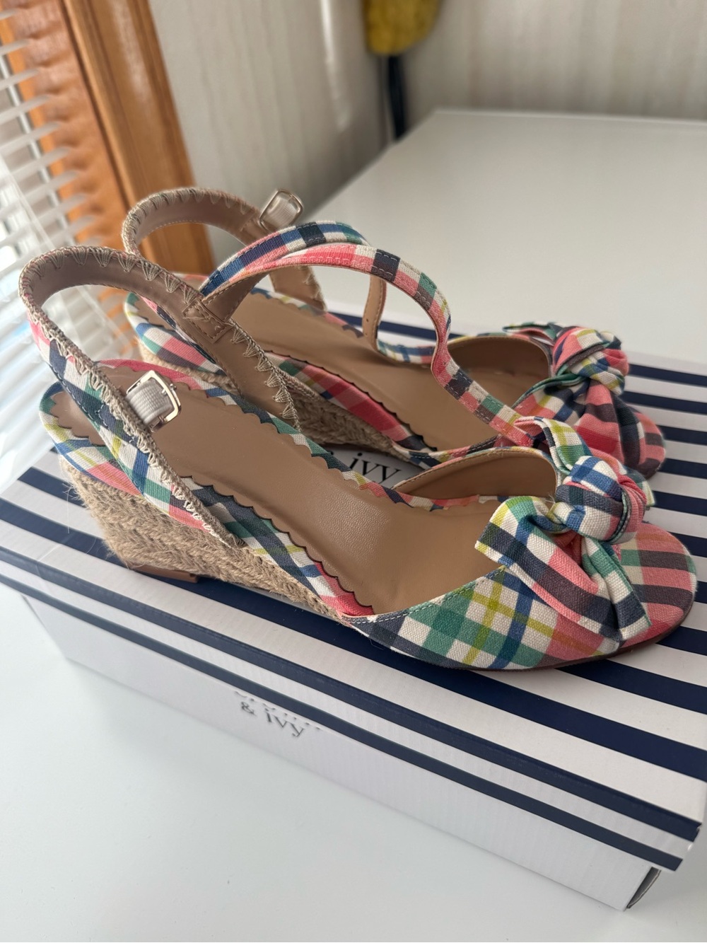 crown & ivy Multicolor Plaid Espadrille Wedge Sandals - Pink, Blue, Green